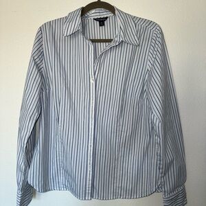 George Women's Blue and White Striped Button Down Shirt